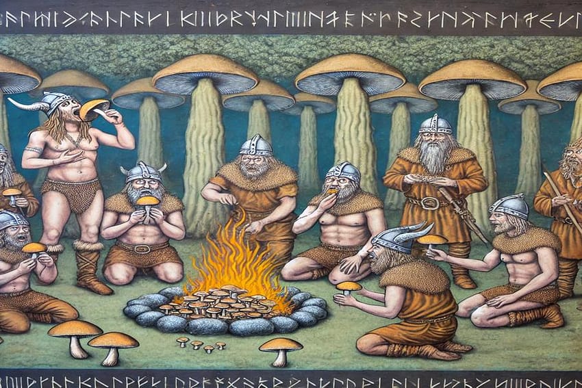 Bizarre Viking Customs & Habits: Vikings eating mushrooms around a fire