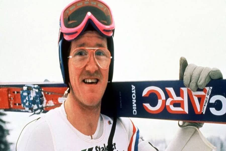 Eddie the Eagle with skis 